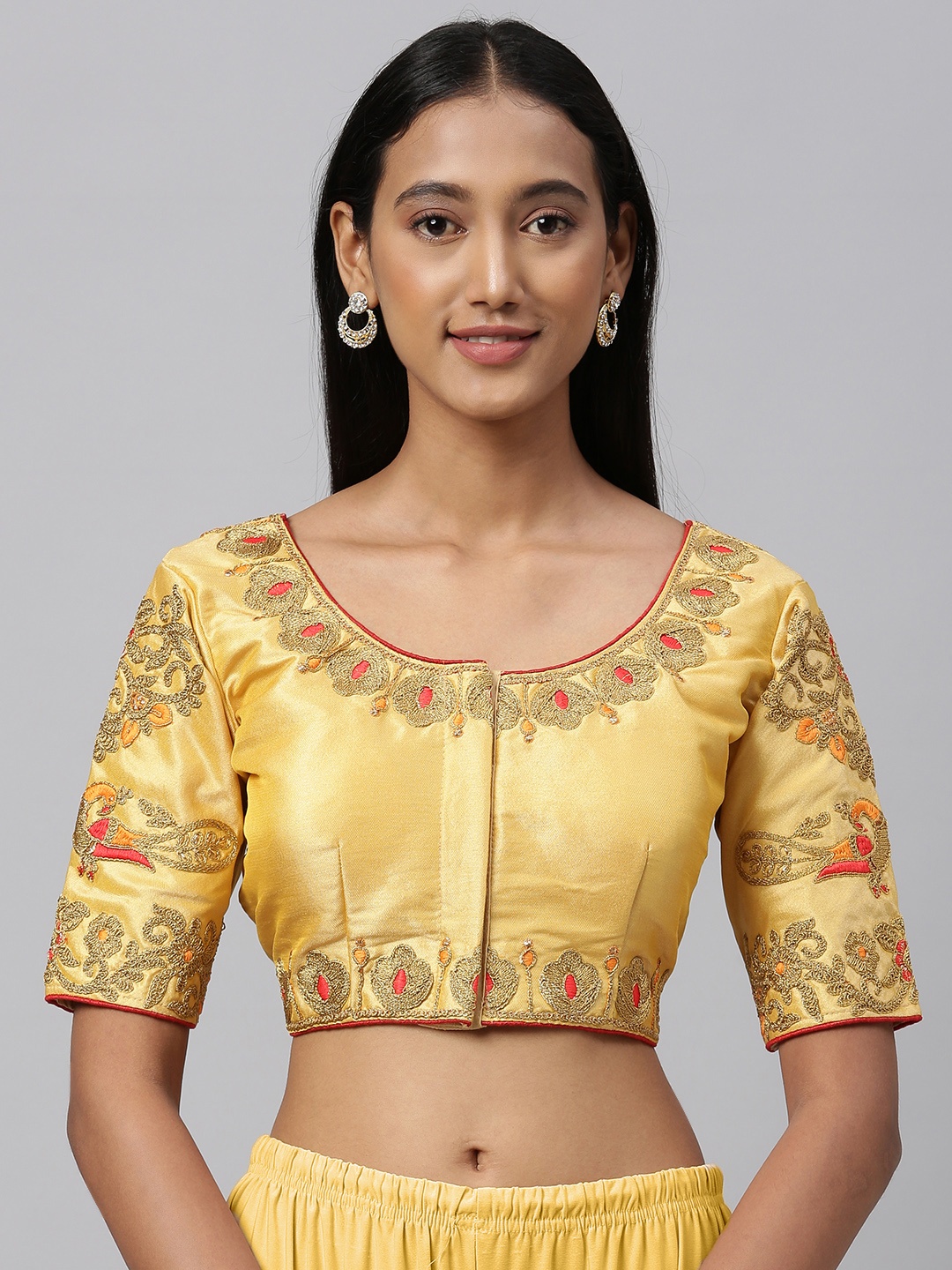 

Amrutam Fab Women Yellow & Golden Embroidered Silk Saree Blouse