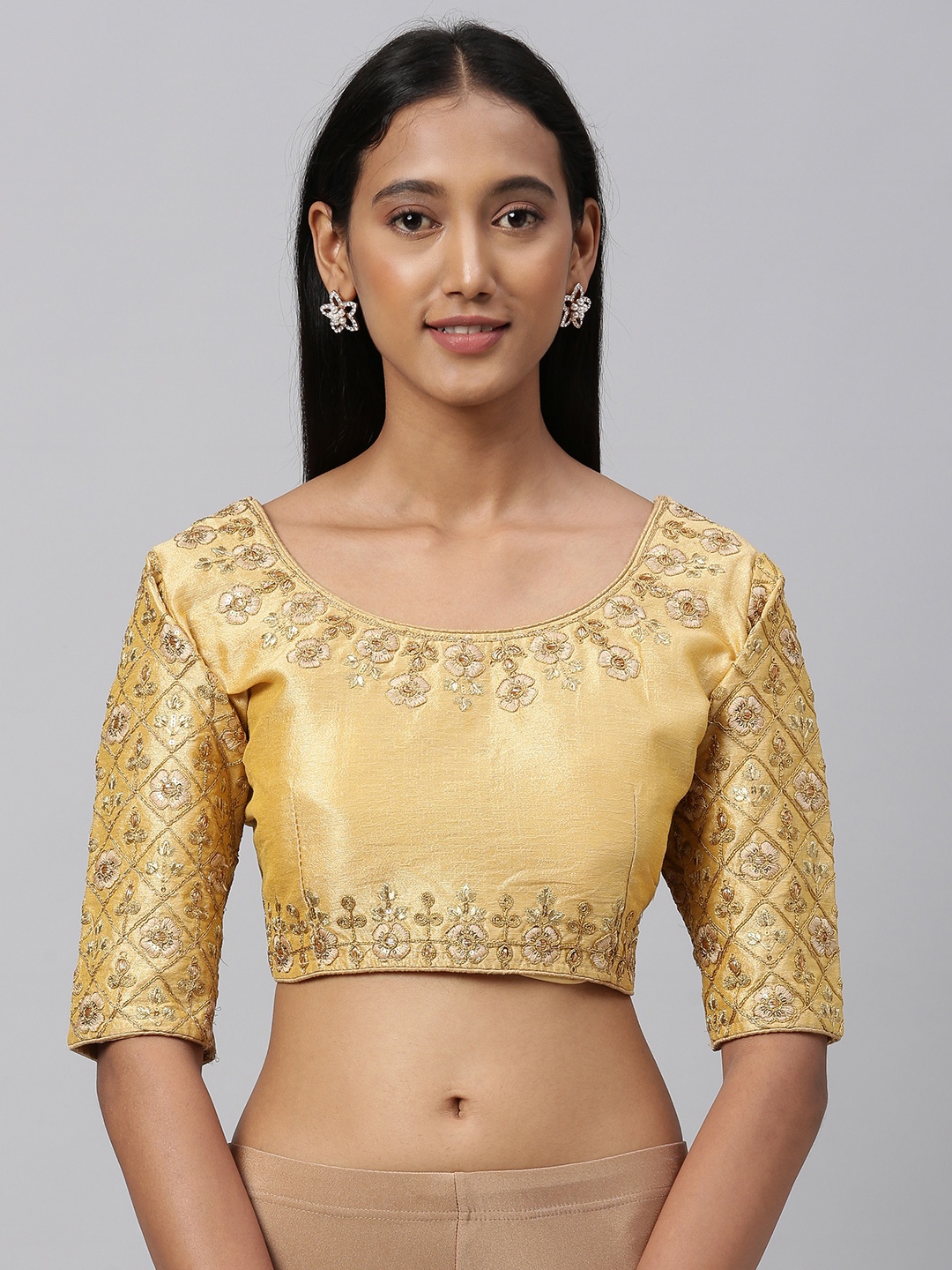 

Amrutam Fab Women's Beige and Gold Embroidered Silk Blouse With Round Neck