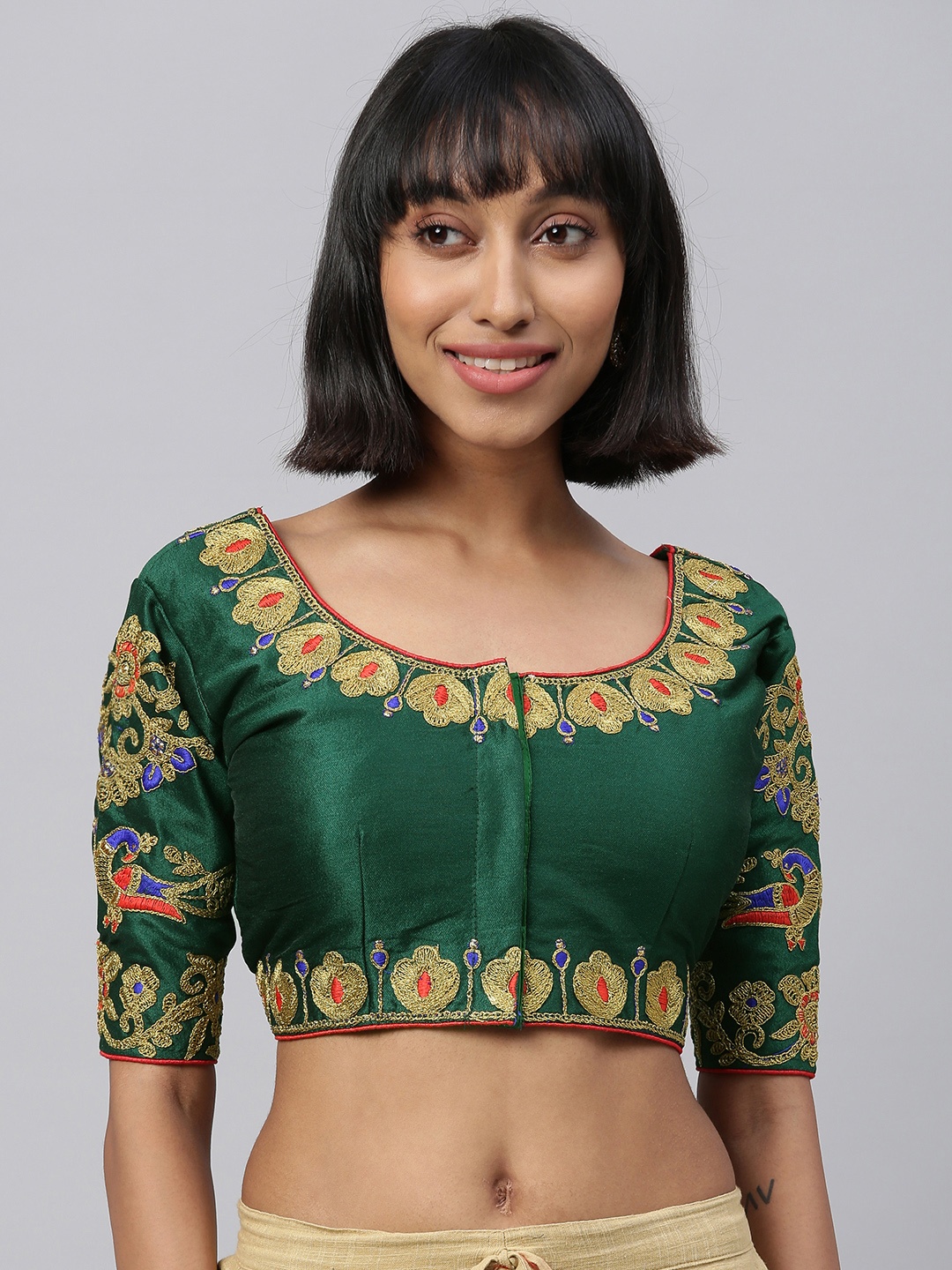 

Amrutam Fab Women Teal Green & Beige Embroidered Saree Blouse