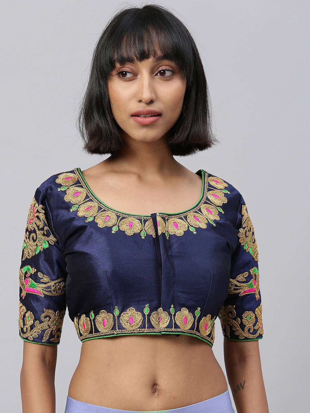 

Amrutam Fab Women Navy Blue & Beige Embroidered Saree Blouse