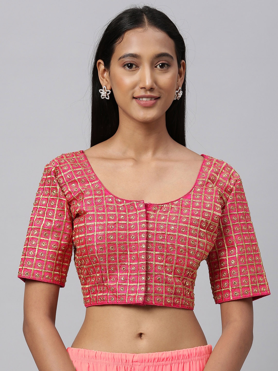 

Amrutam Fab Women Pink & Golden Embroidered Silk Saree Blouse