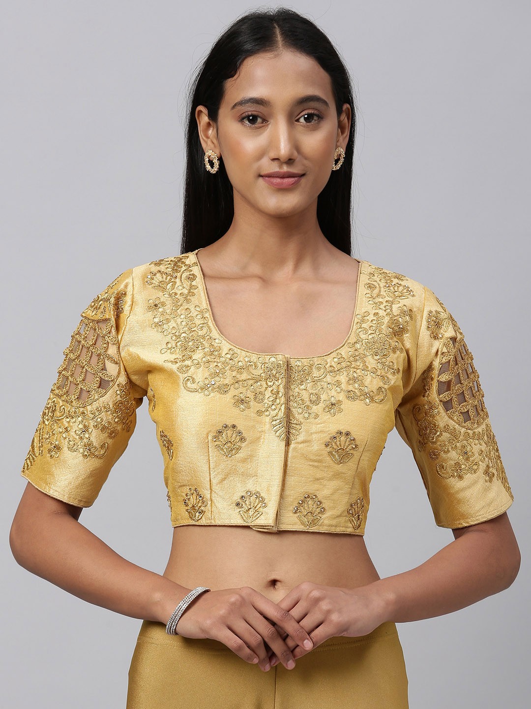 

Amrutam Fab Women Beige & Gold-Toned Embroidered Saree Blouse
