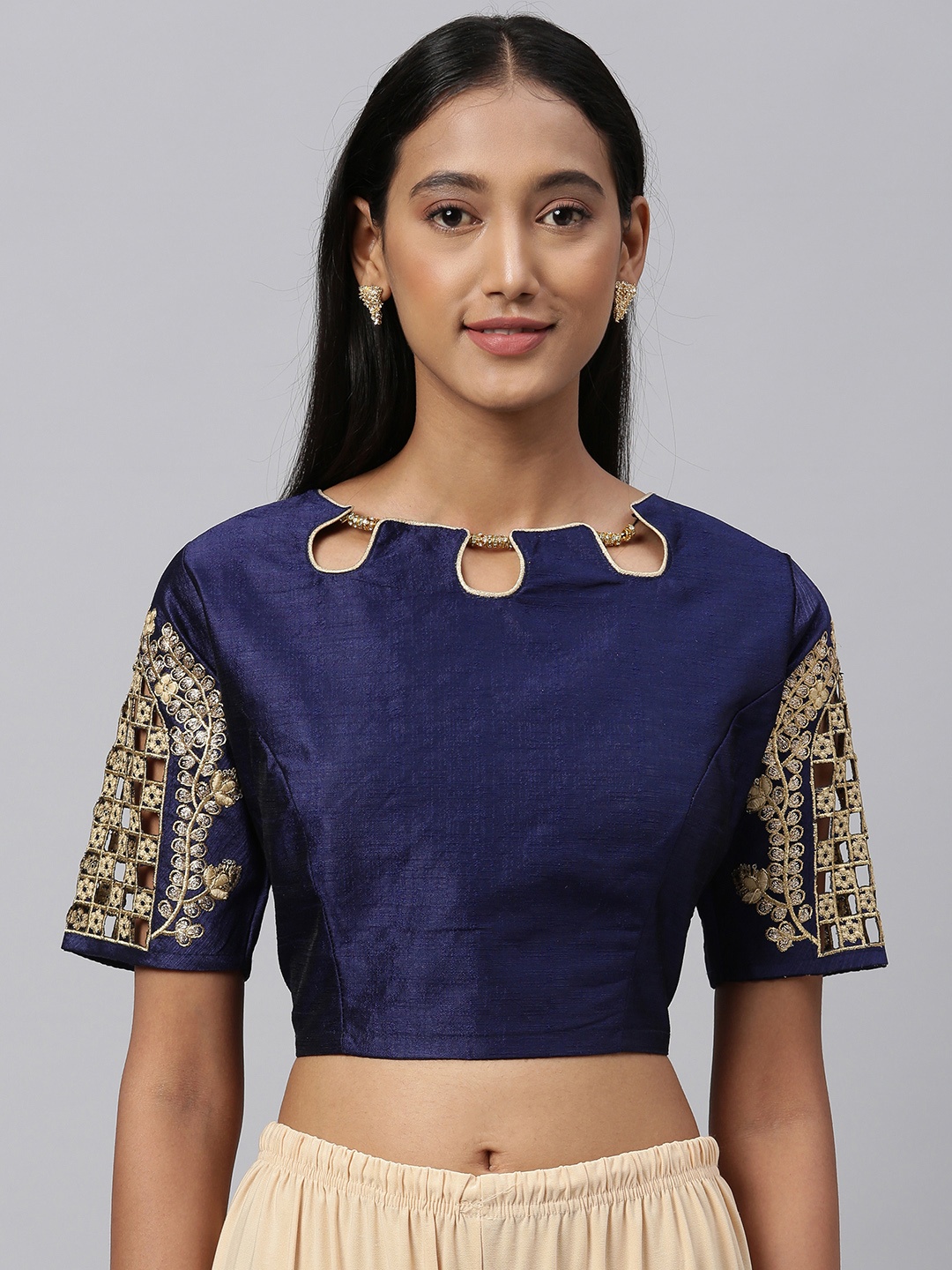 

Amrutam Fab Women Navy Blue Embroidered Phantom Silk Blouse