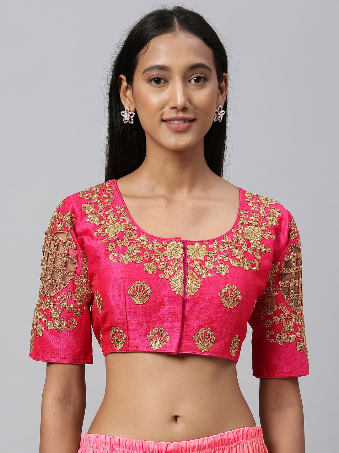 

Amrutam Fab Women Pink & Golden Embroidered Silk Saree Blouse