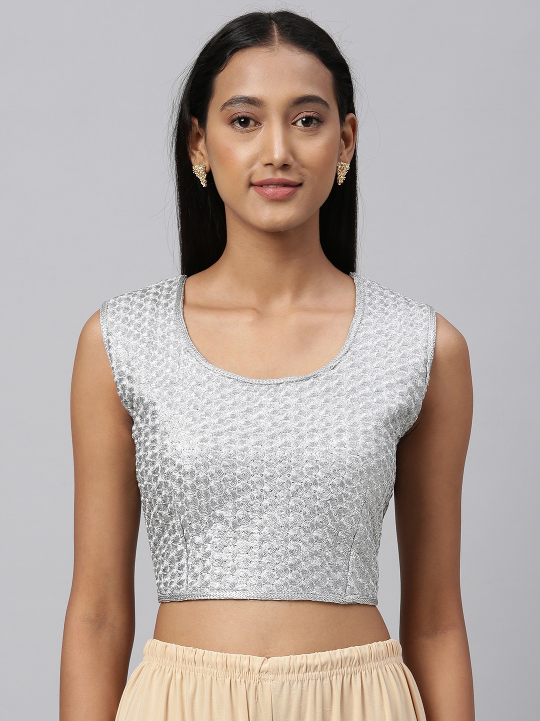

Amrutam Fab Women Silver-Toned Sequence Embroidered Silk Blouse