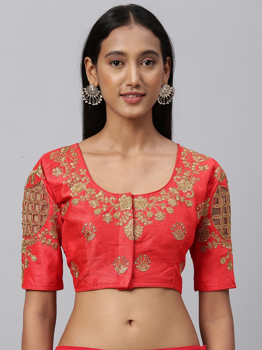 

Amrutam Fab Women Red & Golden Embroidered Silk Saree Blouse