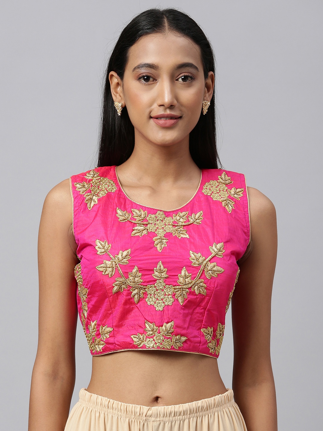 

Amrutam Fab Women Pink & Gold-Toned Embroidered Malbari Silk Blouse