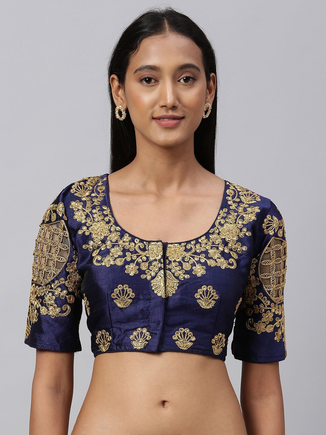 

Amrutam Fab Women Navy Blue & Gold-Toned Embroidered Saree Blouse