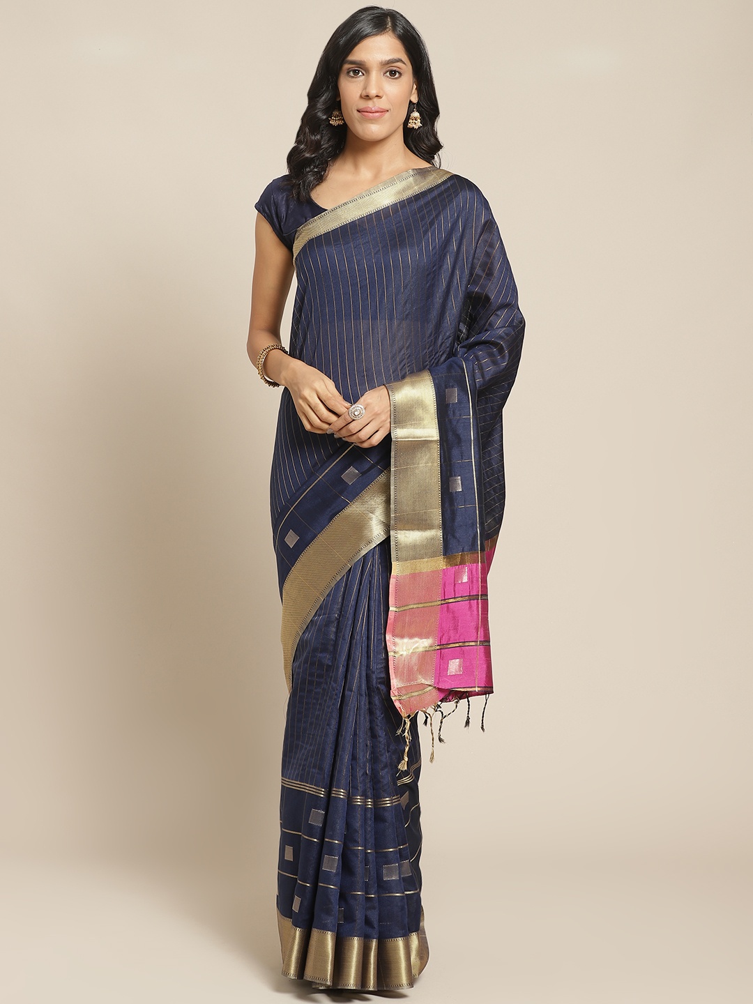 

Pisara Navy Blue & Golden Striped Chanderi Saree
