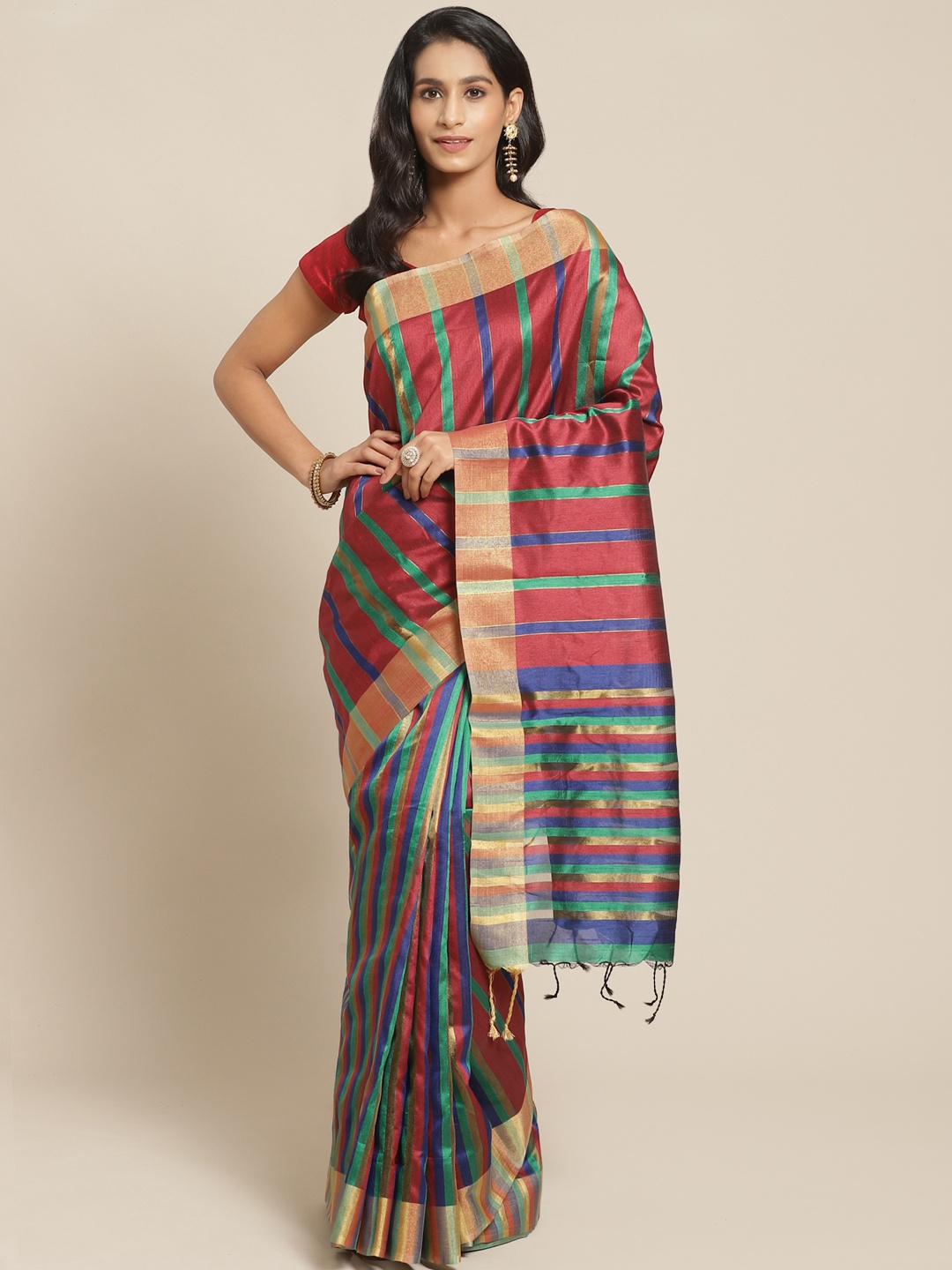 

Pisara Maroon & Navy Blue Striped Bhagalpuri Saree
