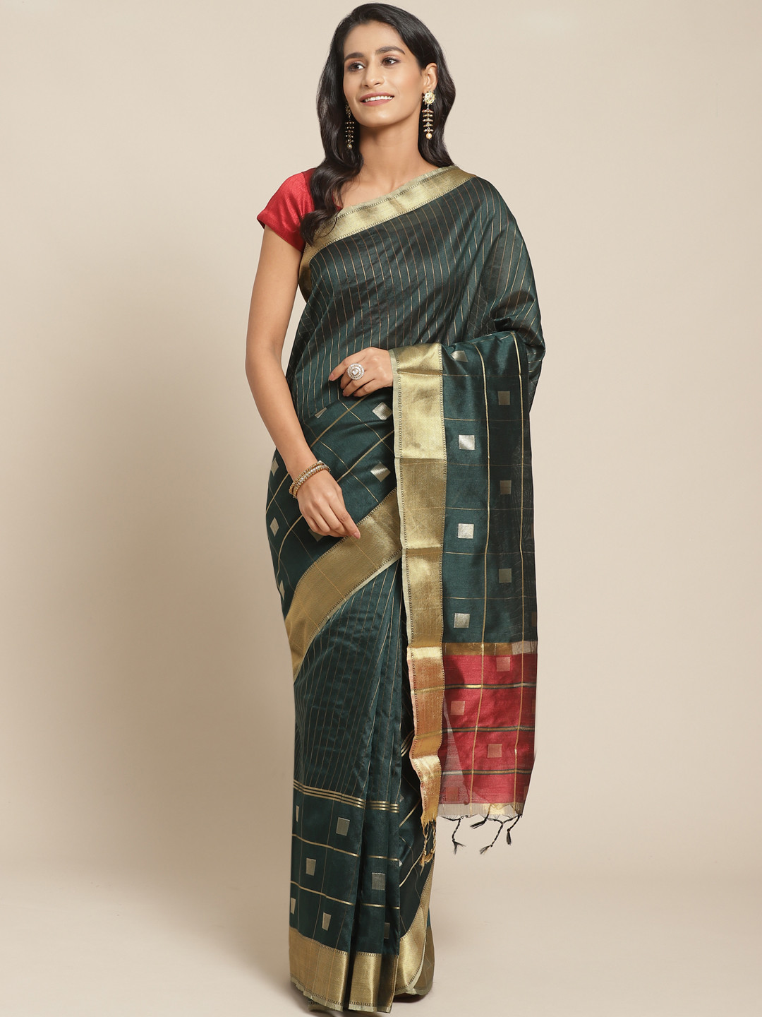

Pisara Green & Golden Striped Chanderi Saree