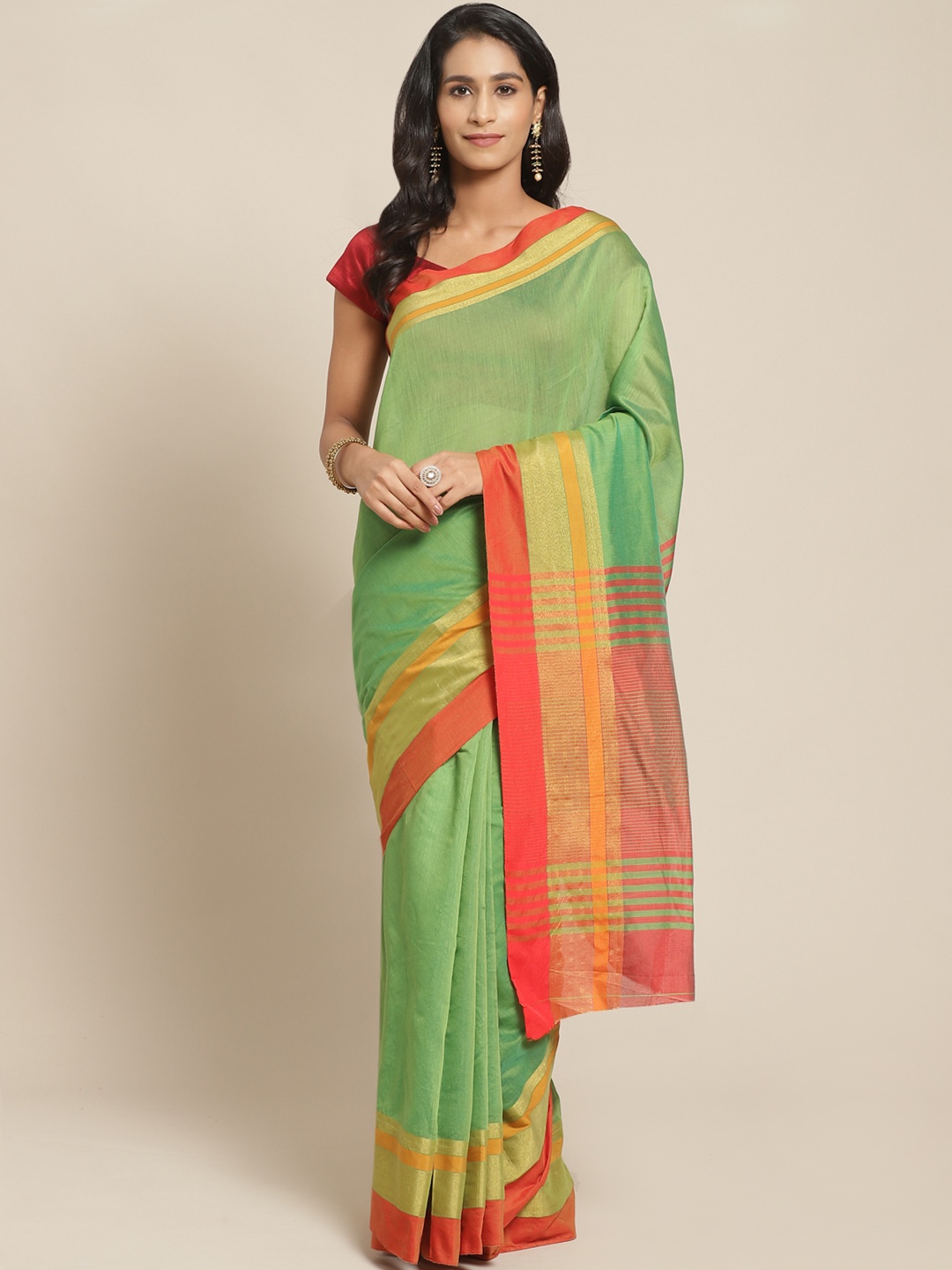 

Pisara Green & Orange Solid Chanderi Saree