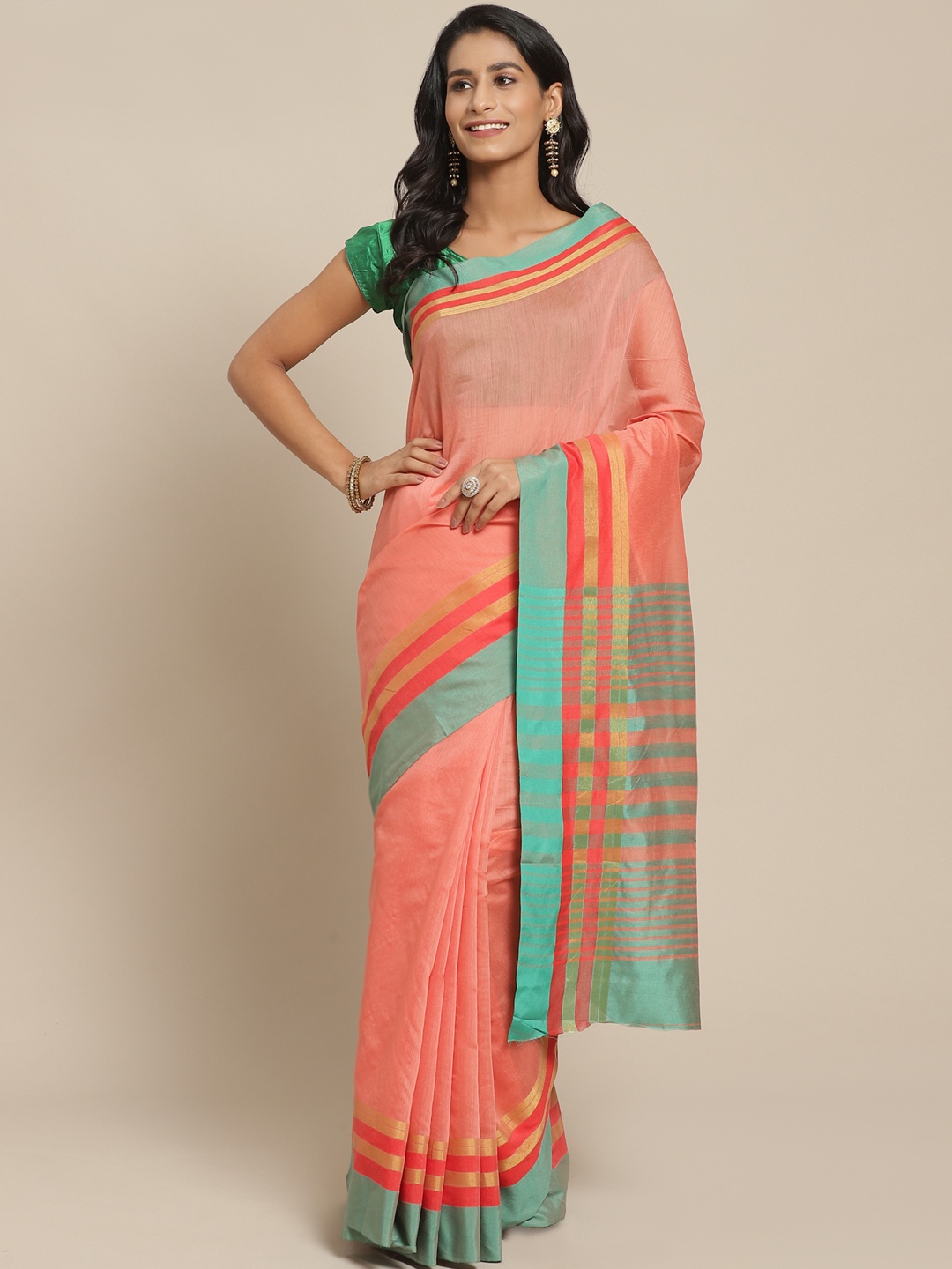 

Pisara Peach-Coloured & Green Solid Chanderi Saree