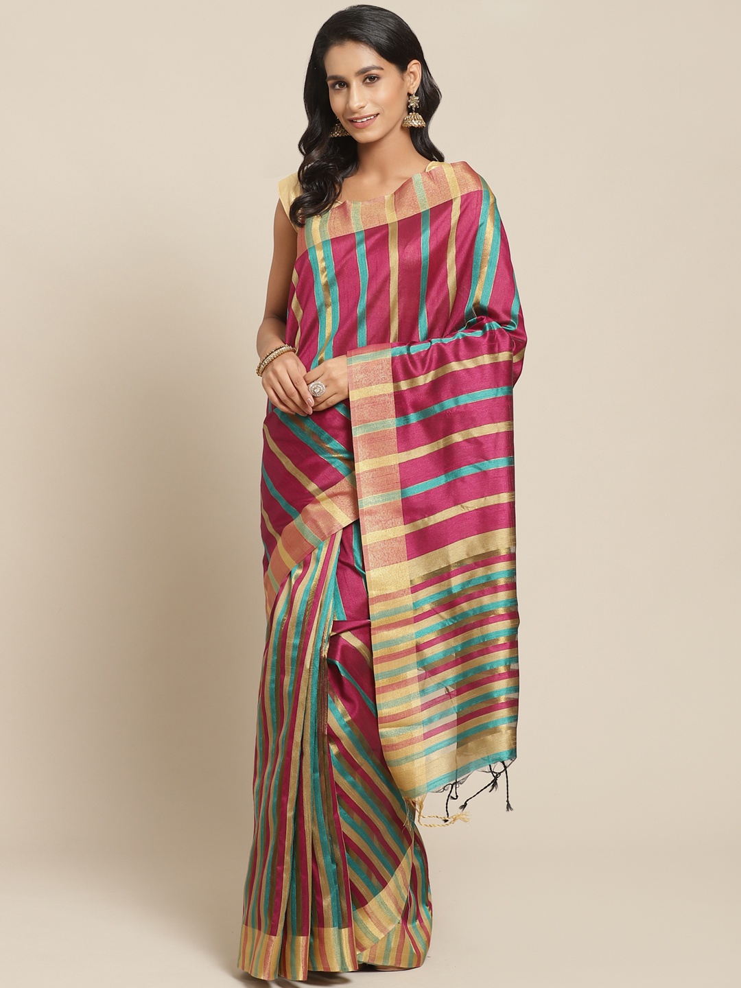 

Pisara Magenta & Green Striped Bhagalpuri Saree