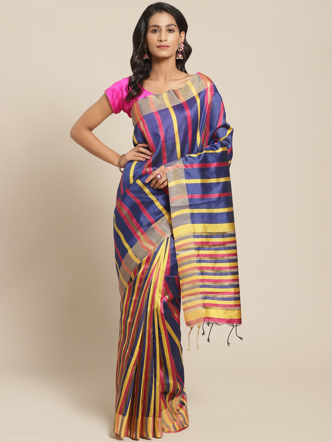 

Pisara Navy Blue & Pink Striped Bhagalpuri Saree