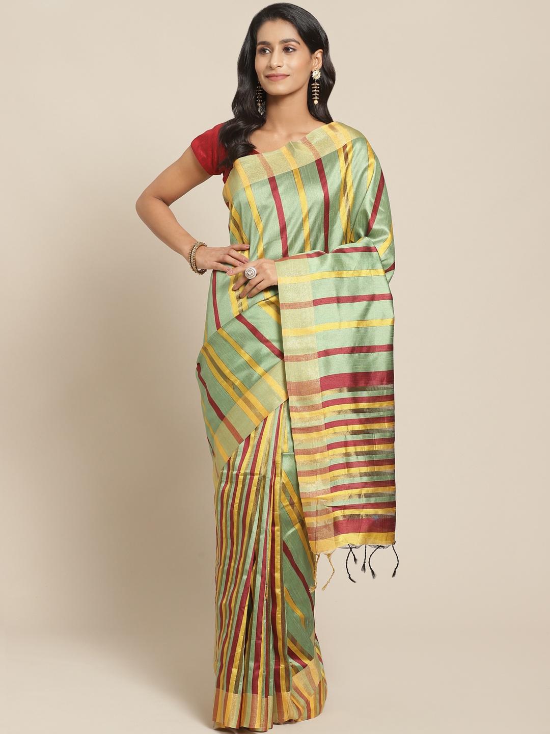 

Pisara Green & Maroon Striped Bhagalpuri Saree
