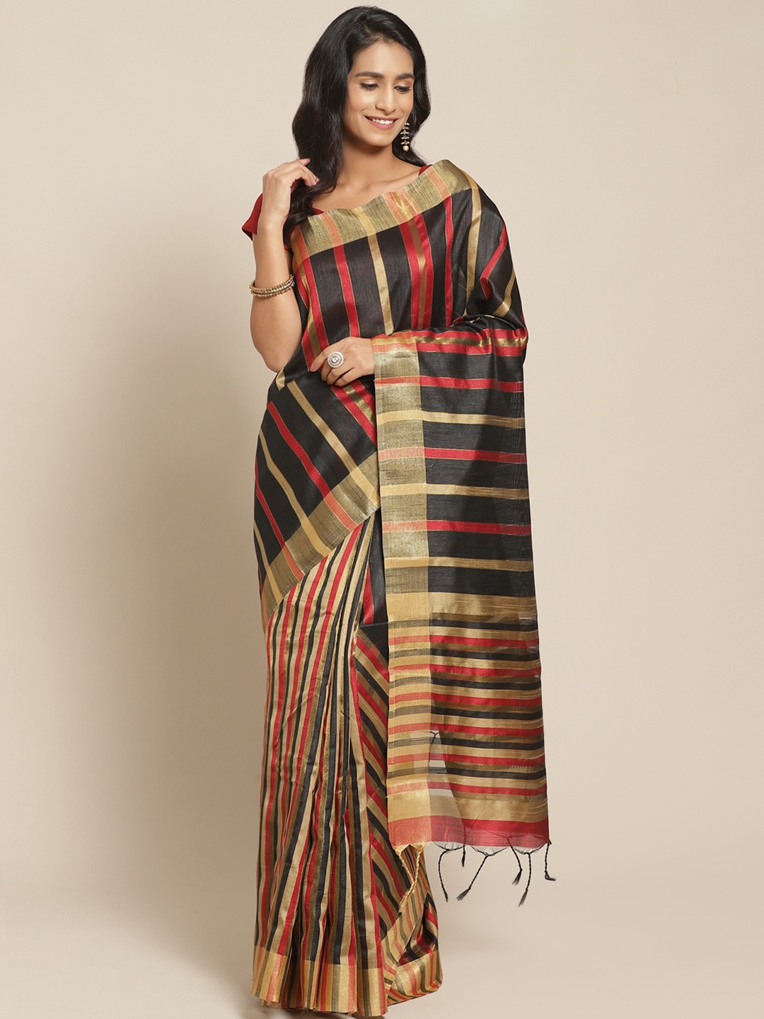 

Pisara Black & Red Striped Bhagalpuri Saree