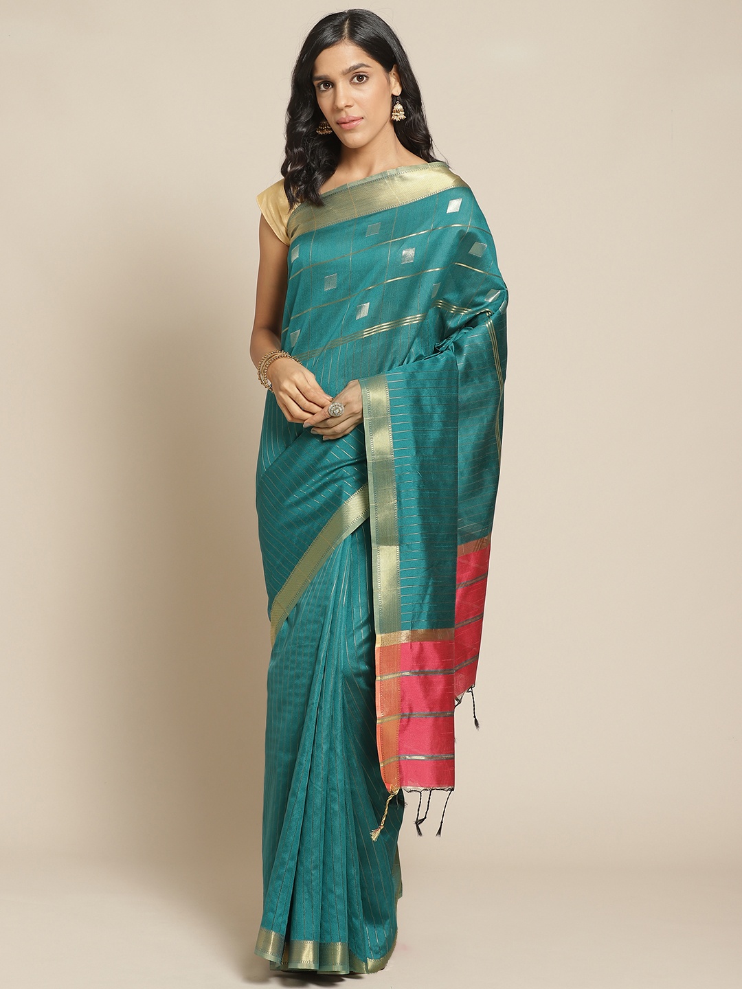 

Pisara Teal Blue & Golden Striped Chanderi Saree