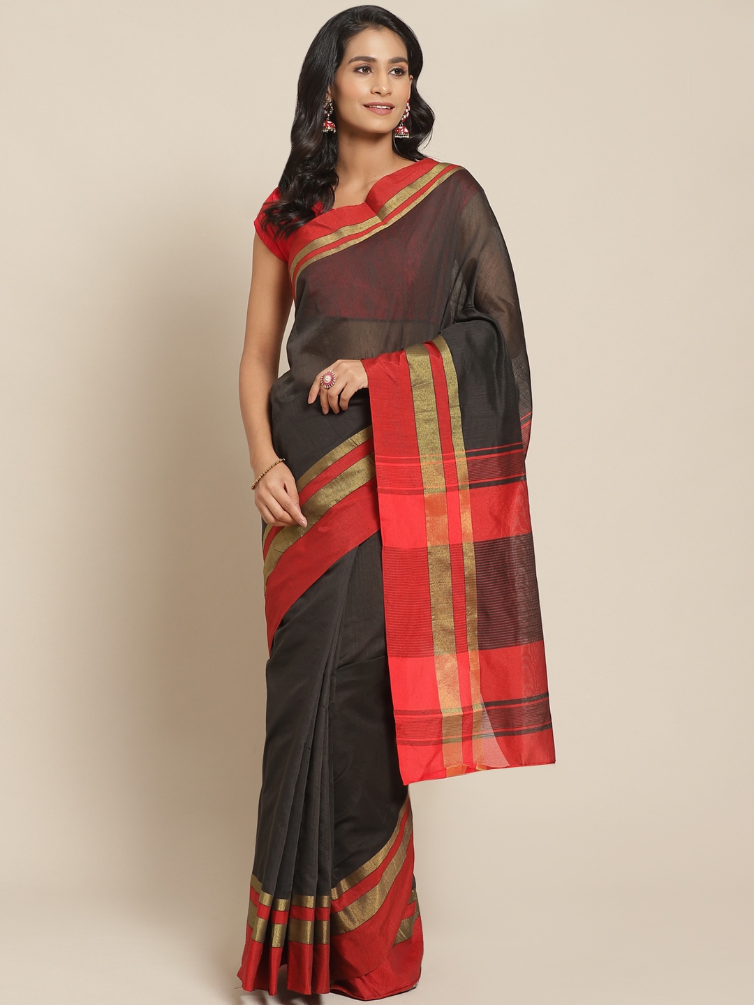 

Pisara Black & Red Solid Chanderi Saree