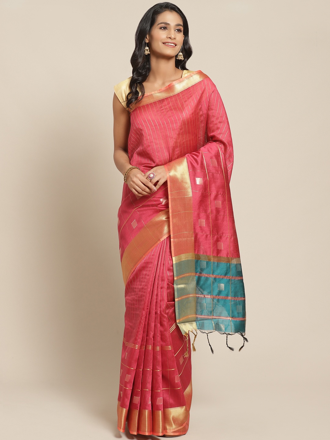

Pisara Magenta & Golden Striped Chanderi Saree