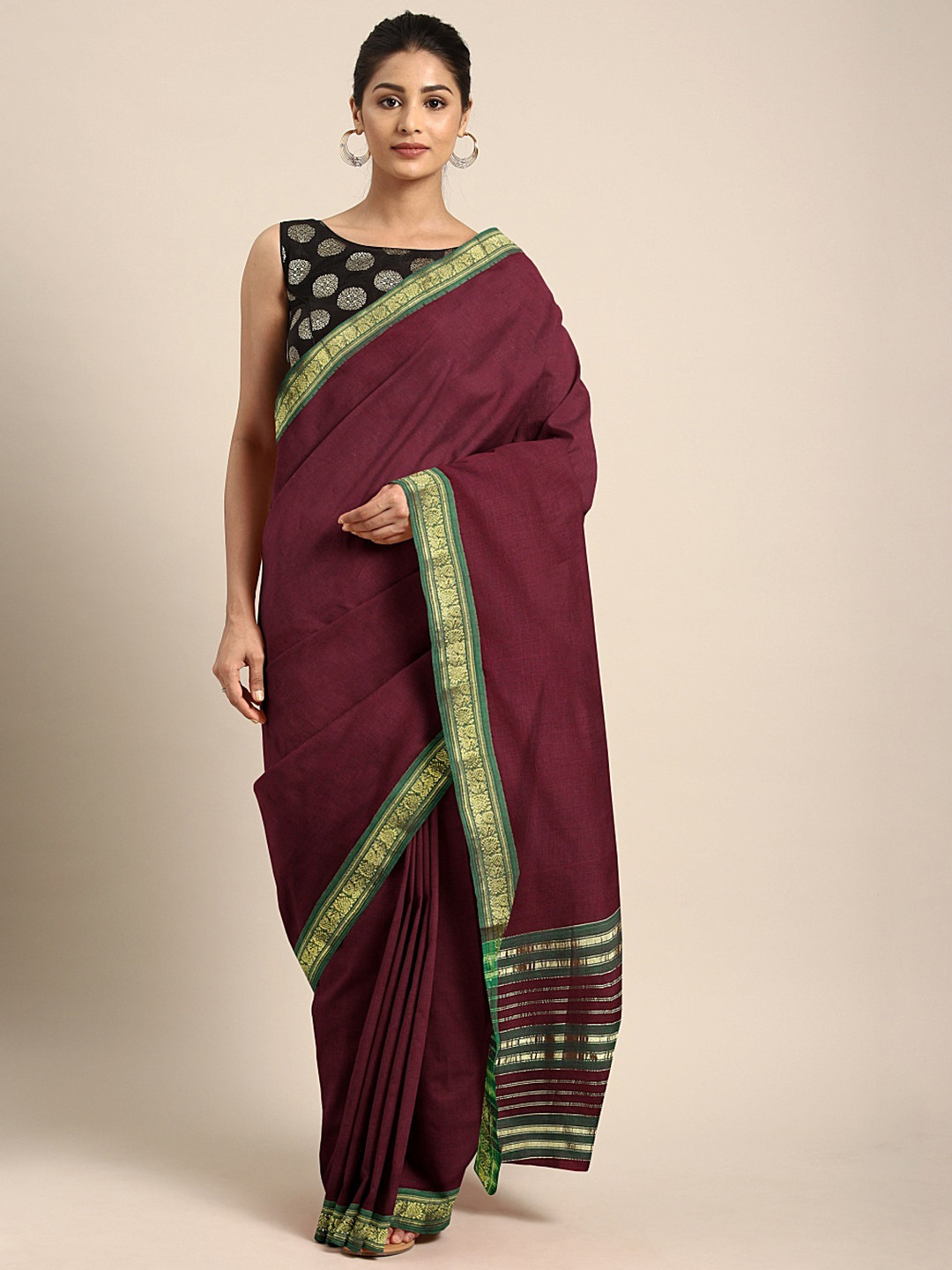 

KALINI Burgundy Pure Cotton Solid Venkatgiri Saree