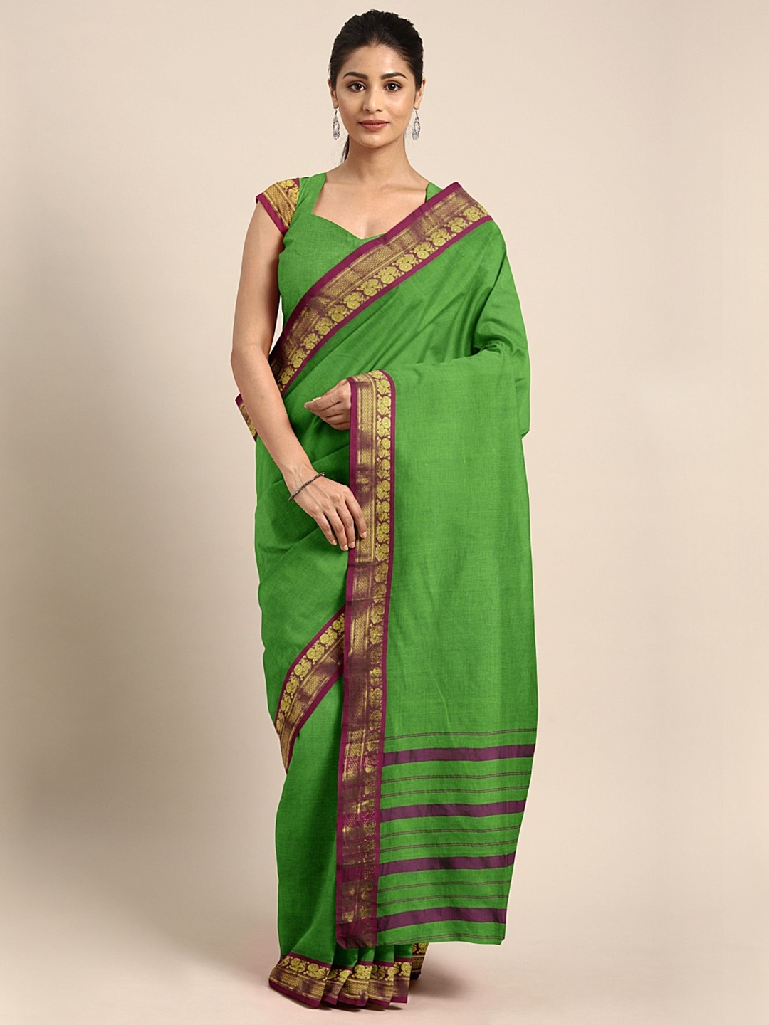 

KALINI Green Pure Cotton Solid Venkatgiri Saree