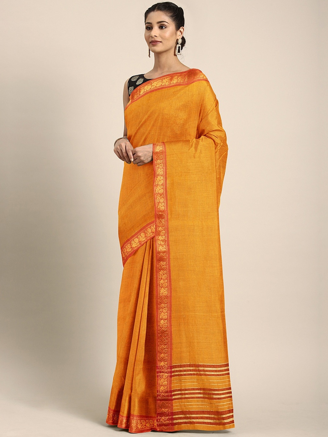 

KALINI Mustard Yellow Pure Cotton Solid Venkatgiri Saree