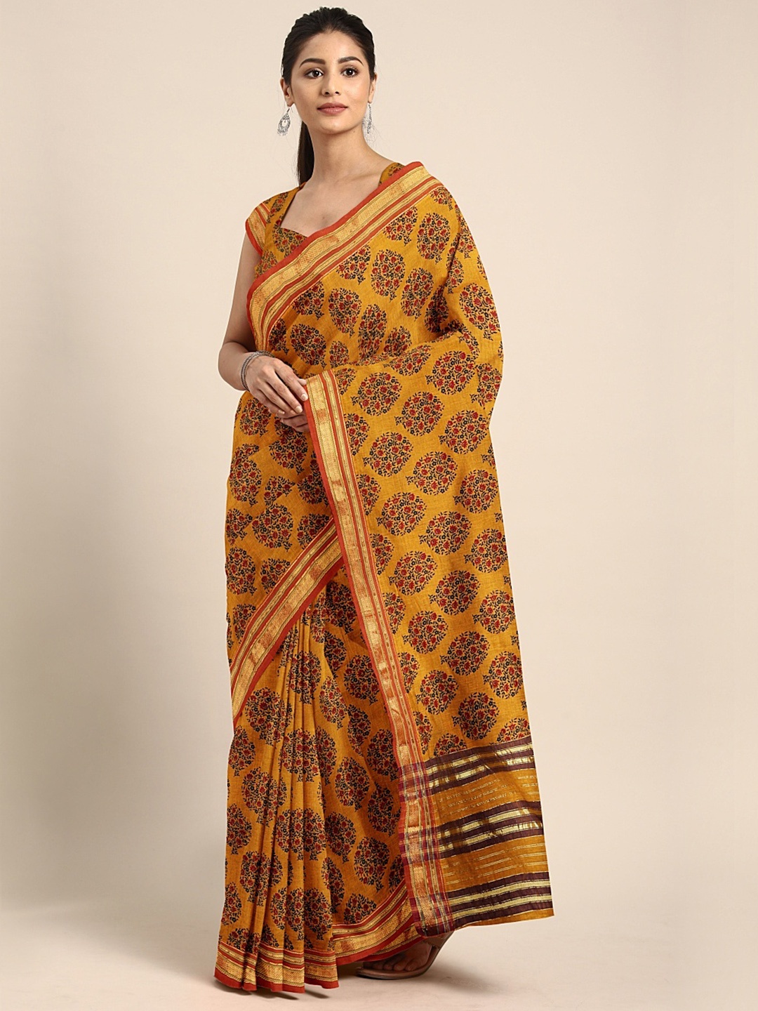 

Pavechas Mustard Yellow Pure Cotton Printed Venkatgiri Saree