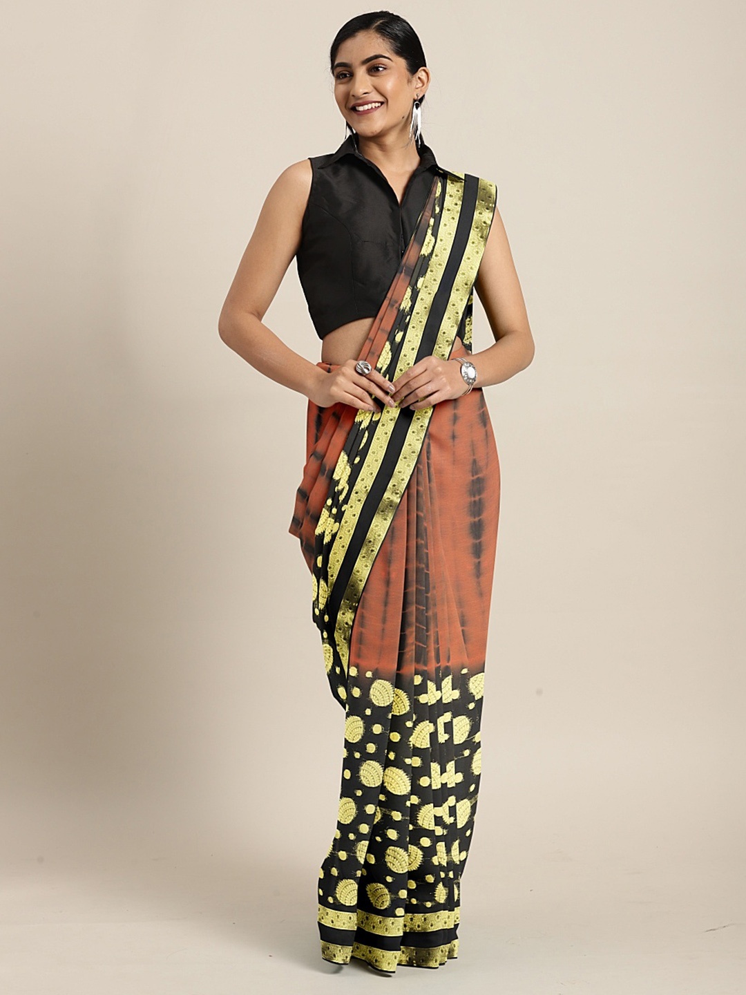 

Pavechas Rust Orange & Gold-Toned Pure Georgette Dyed Uppada Saree