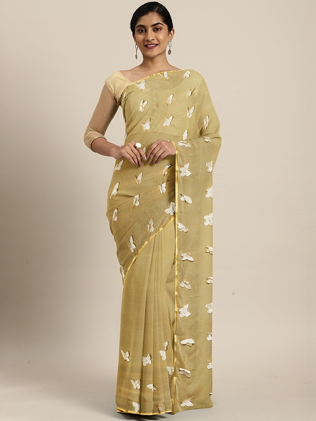 

Pavechas Beige & White Pure Chiffon Embroidered Uppada Saree with Beads