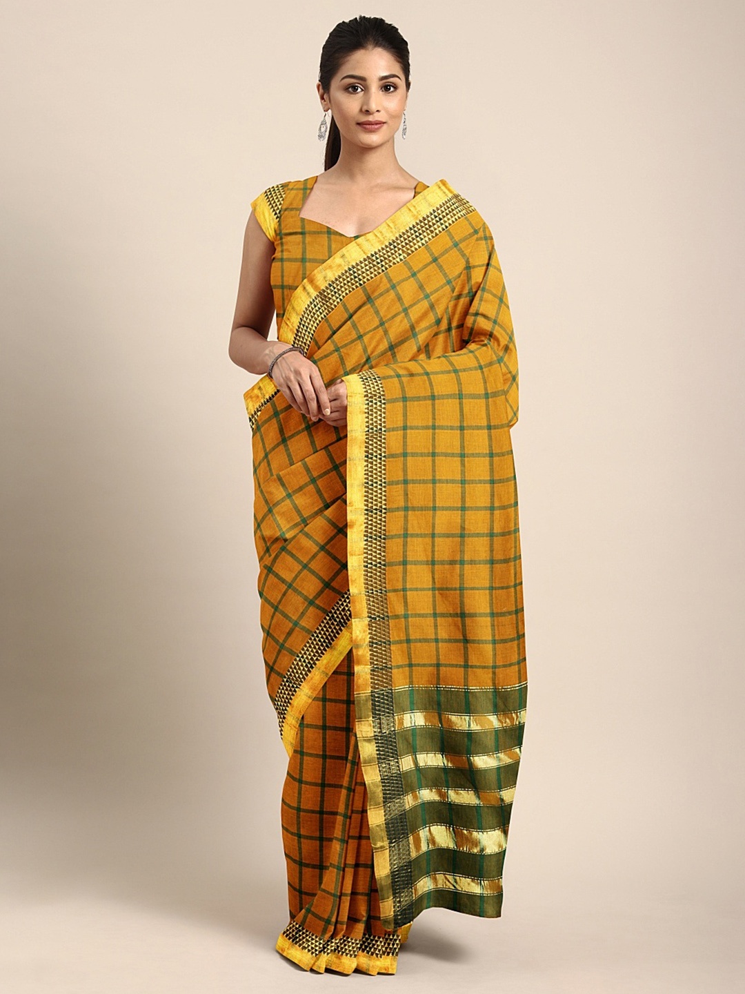 

Pavechas Mustard Yellow & Green Pure Cotton Checked Venkatgiri Saree