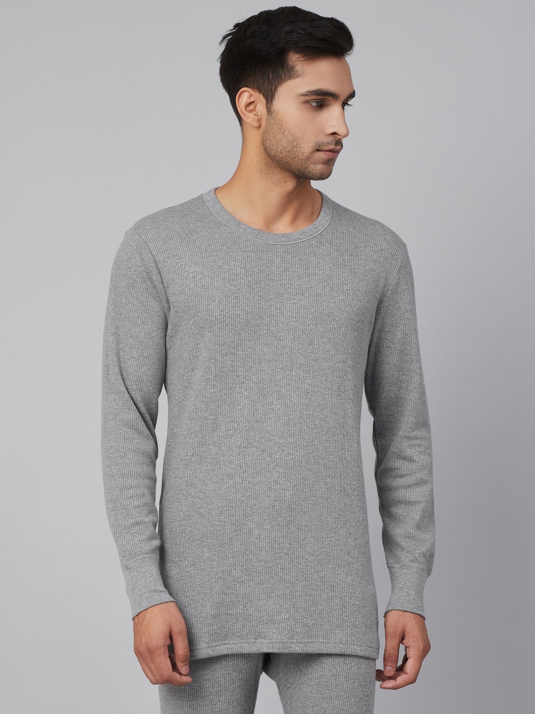 

Marks & Spencer Men Grey Melange Medium Warmth Self-Striped Thermal T-shirt