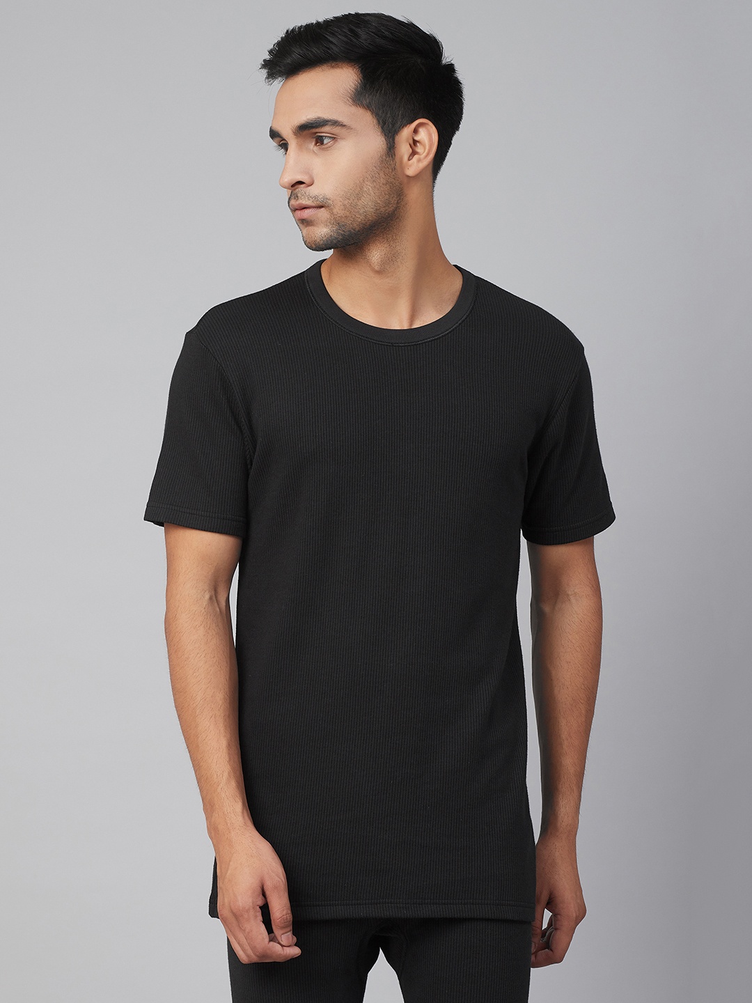 

Marks & Spencer Men Black Self-Striped Thermal T-shirt