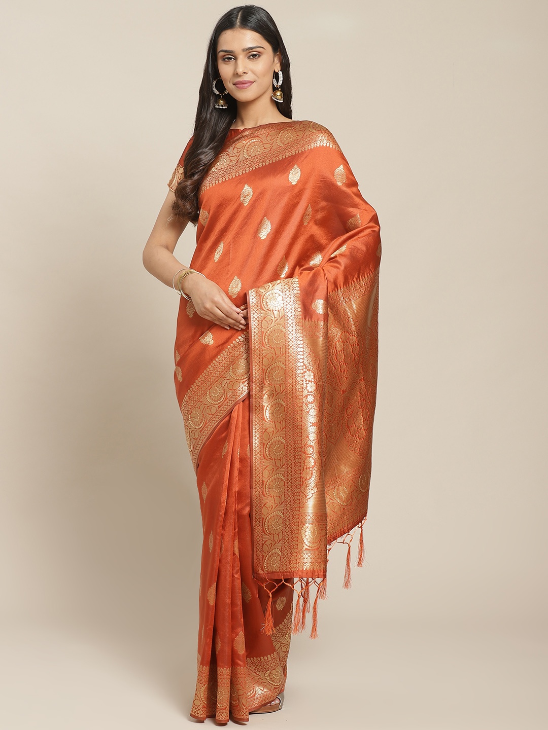 

Saree mall Rust Orange & Golden Woven Design Banarasi Saree
