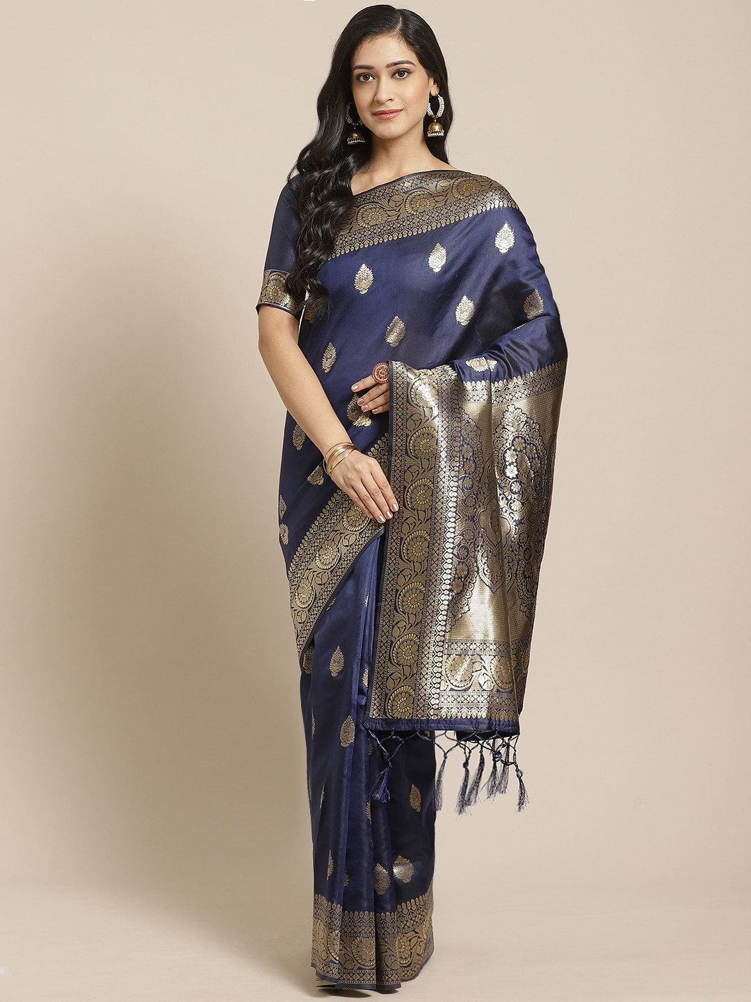

Saree mall Navy Blue & Golden Zari Woven Design Banarasi Saree