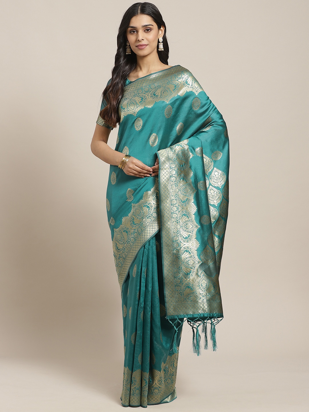 

Saree mall Teal Green & Golden Woven Design Banarasi Saree