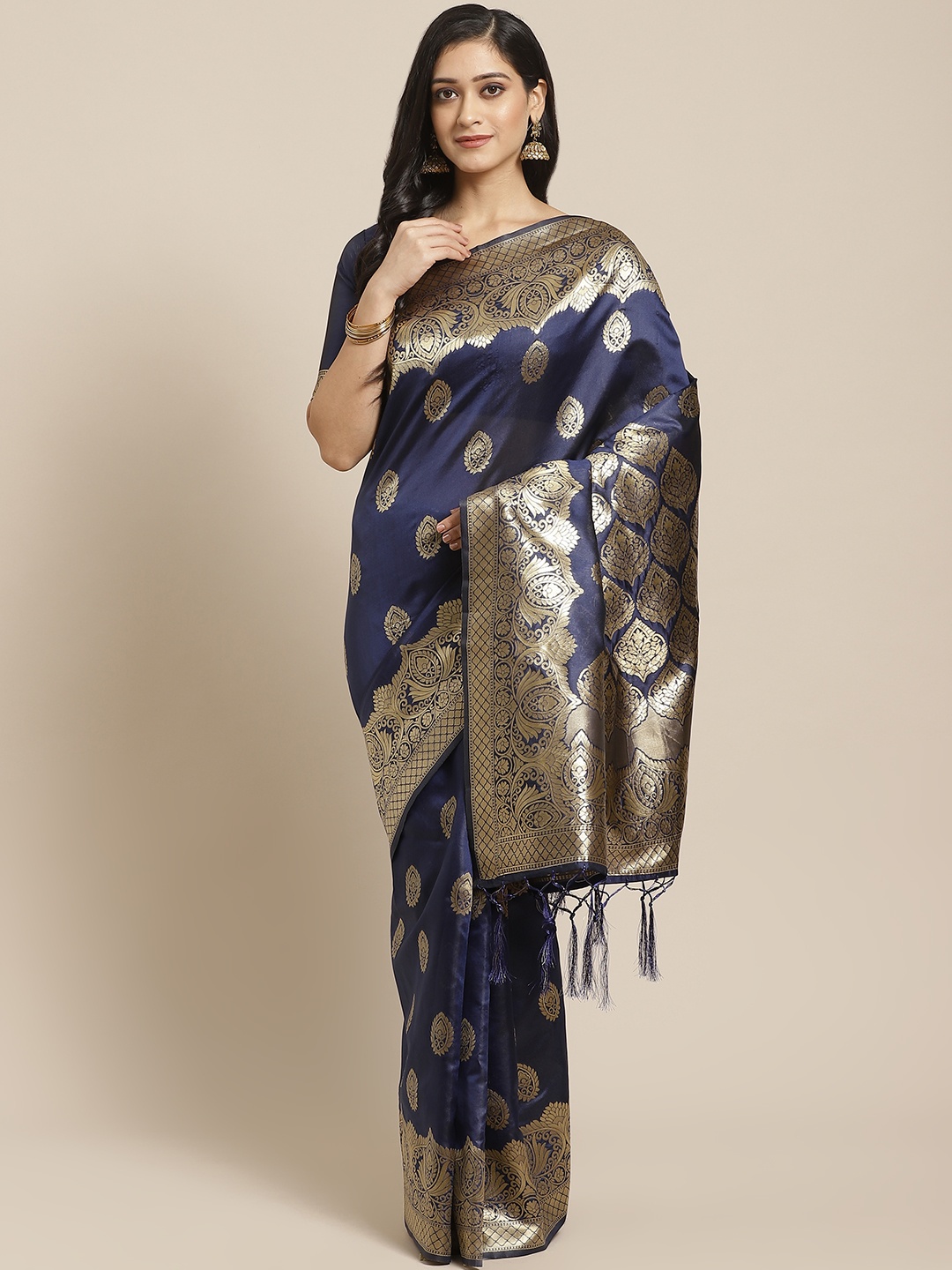 

Saree mall Navy Blue & Golden Zari Woven Design Banarasi Saree