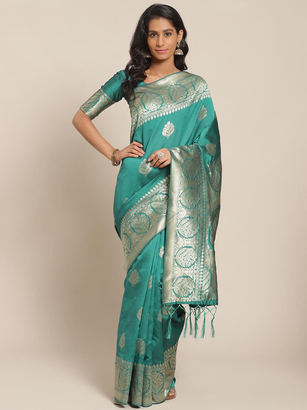 

Saree mall Teal Green & Golden Ethnic Woven Design Banarasi Saree