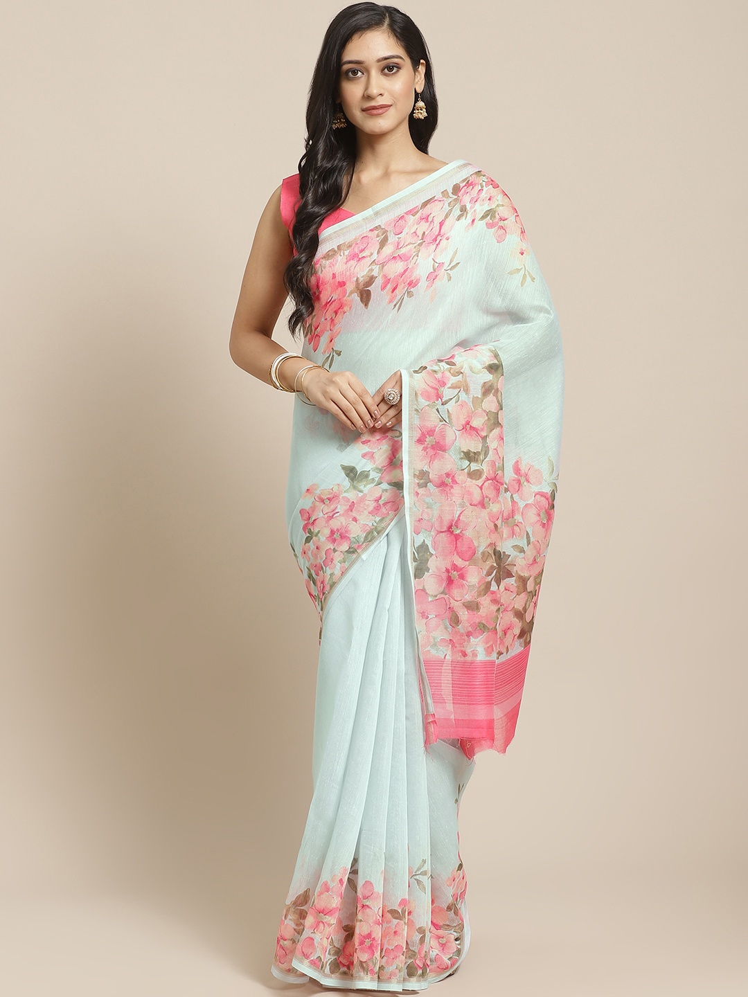 

Saree mall Blue & Pink Floral Printed Border Saree