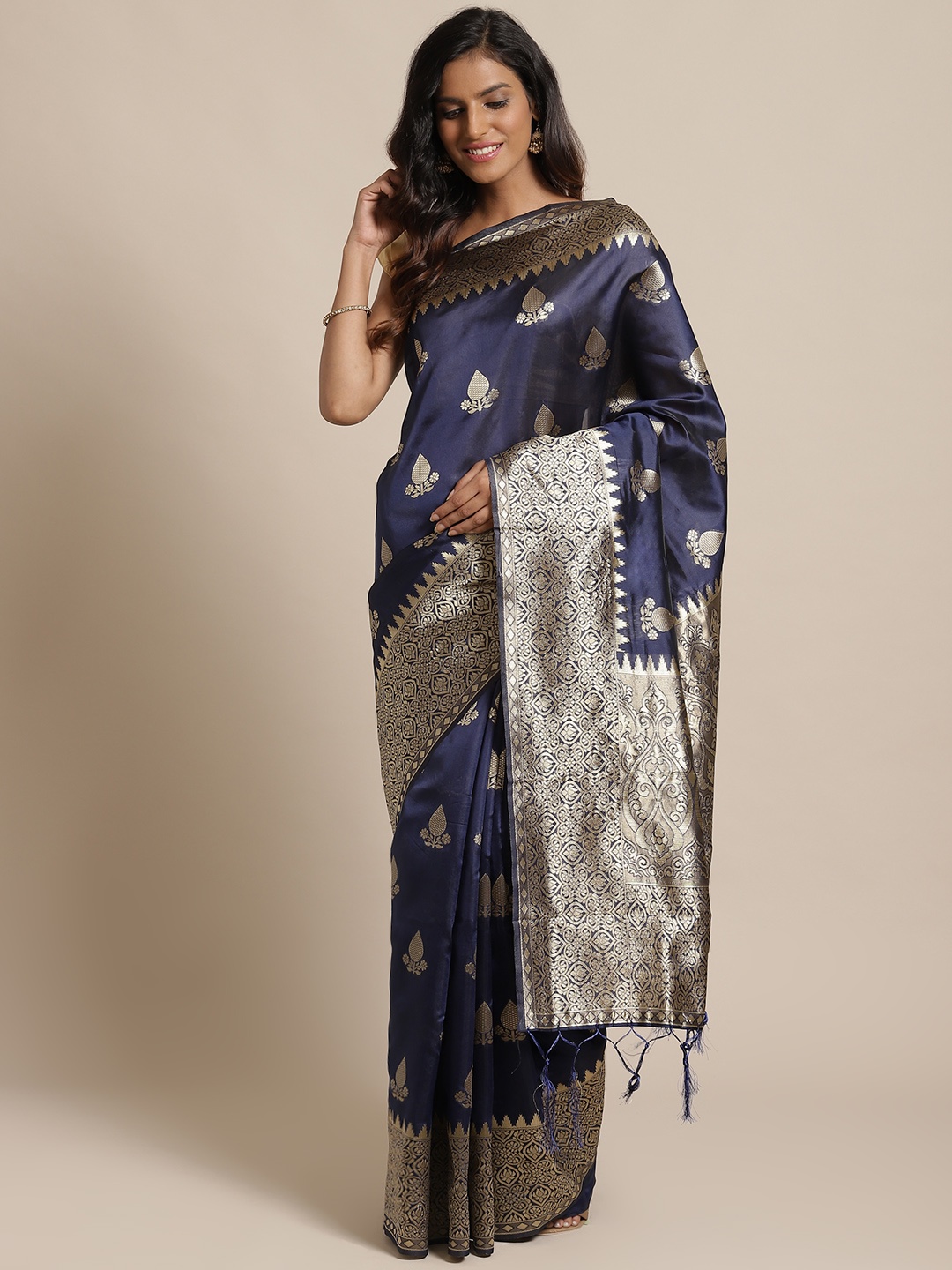 

Saree mall Navy Blue & Golden Woven Design Banarasi Saree