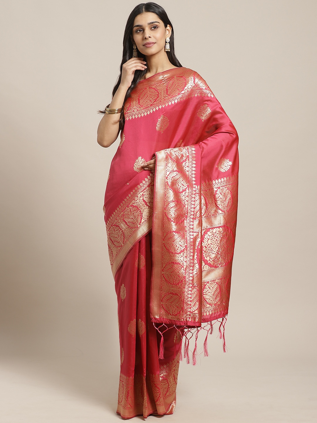 

Saree mall Pink & Golden Woven Design Banarasi Saree