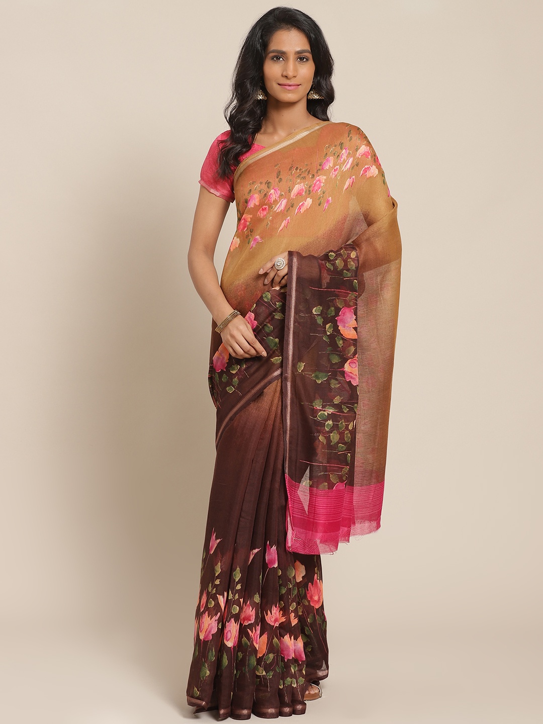 

Saree mall Coffee Brown & Beige Floral Print Saree