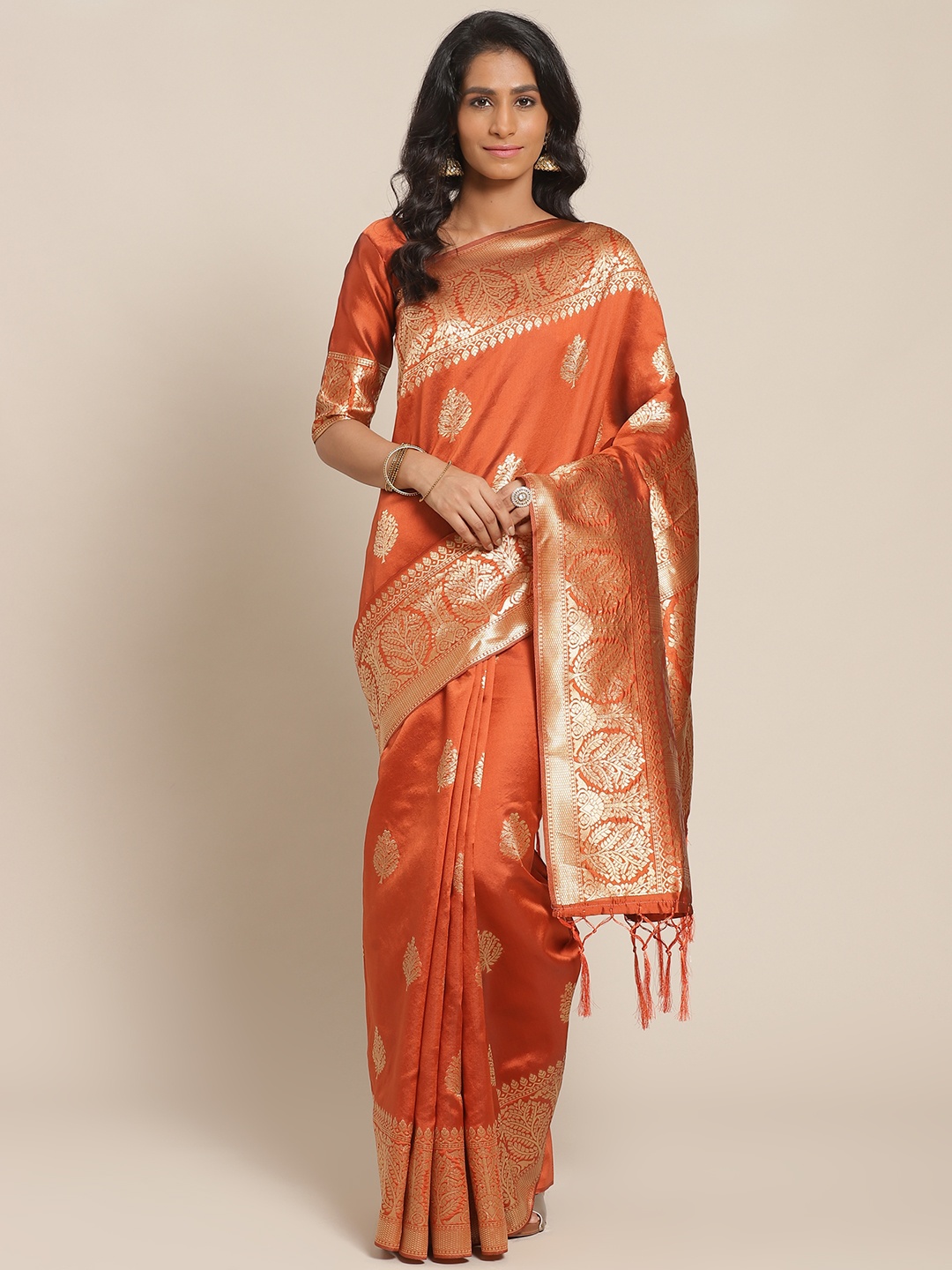 

Saree mall Rust Orange & Golden Ethnic Woven Design Banarasi Saree