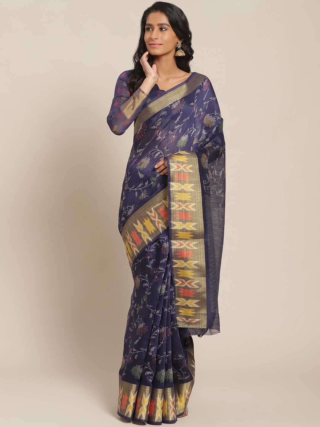 

SHANGRILA Navy Blue & Mustard Yellow Floral Printed Saree