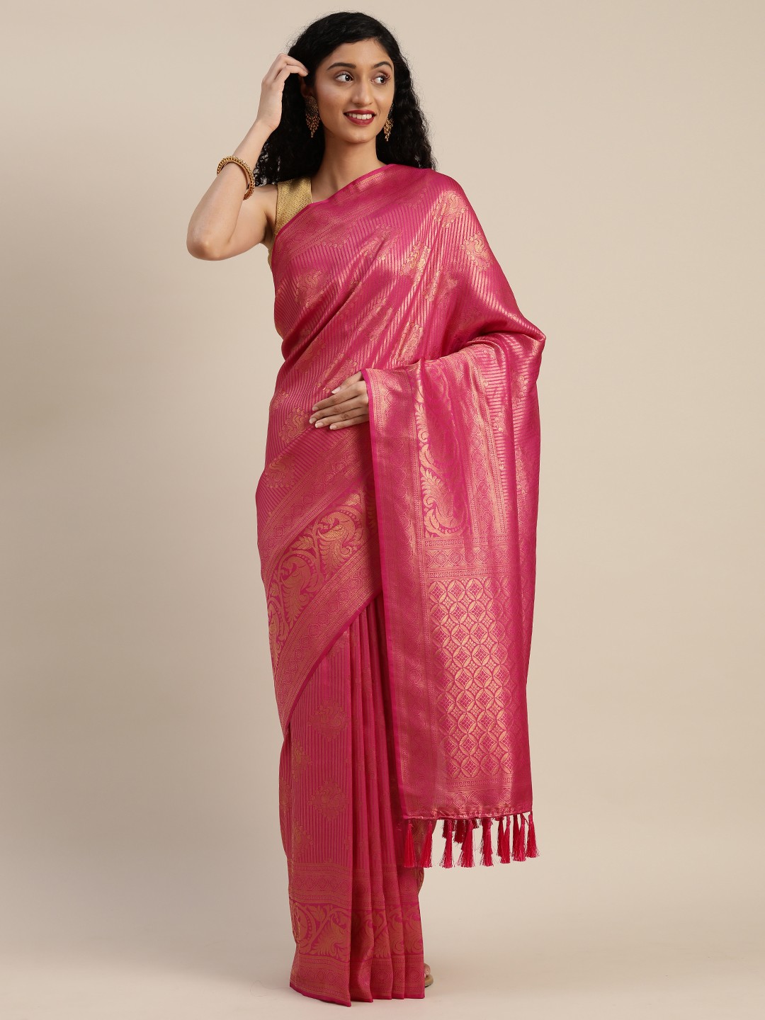 

VASTRANAND Pink & Gold-Toned Silk Blend Woven Design Banarasi Saree