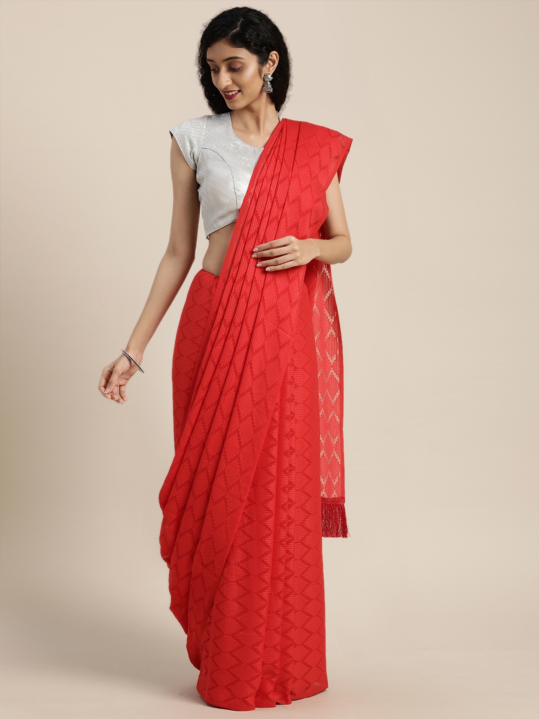 

VASTRANAND Red & Off-White Poly Georgette Woven Design Saree