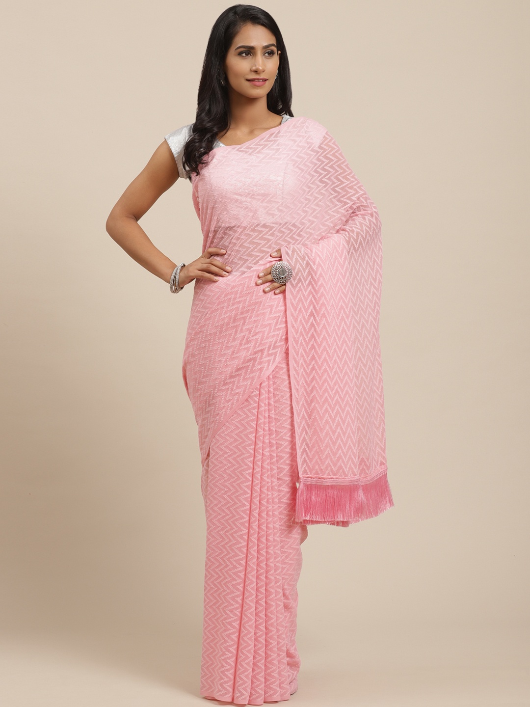 

VASTRANAND Pink Jaali Handloom Woven Design Saree