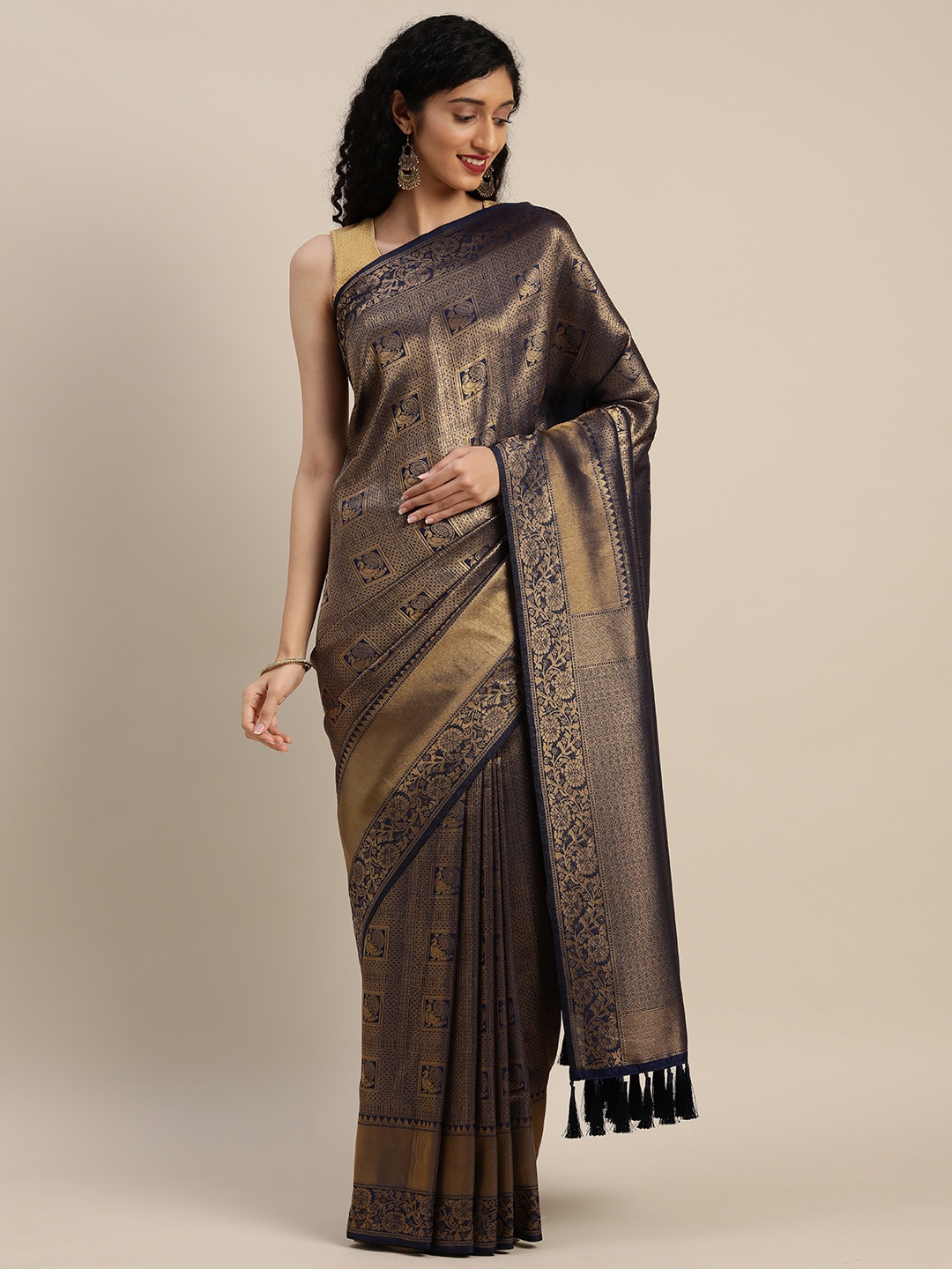 

VASTRANAND Navy Blue & Gold-Toned Silk Blend Woven Design Banarasi Saree