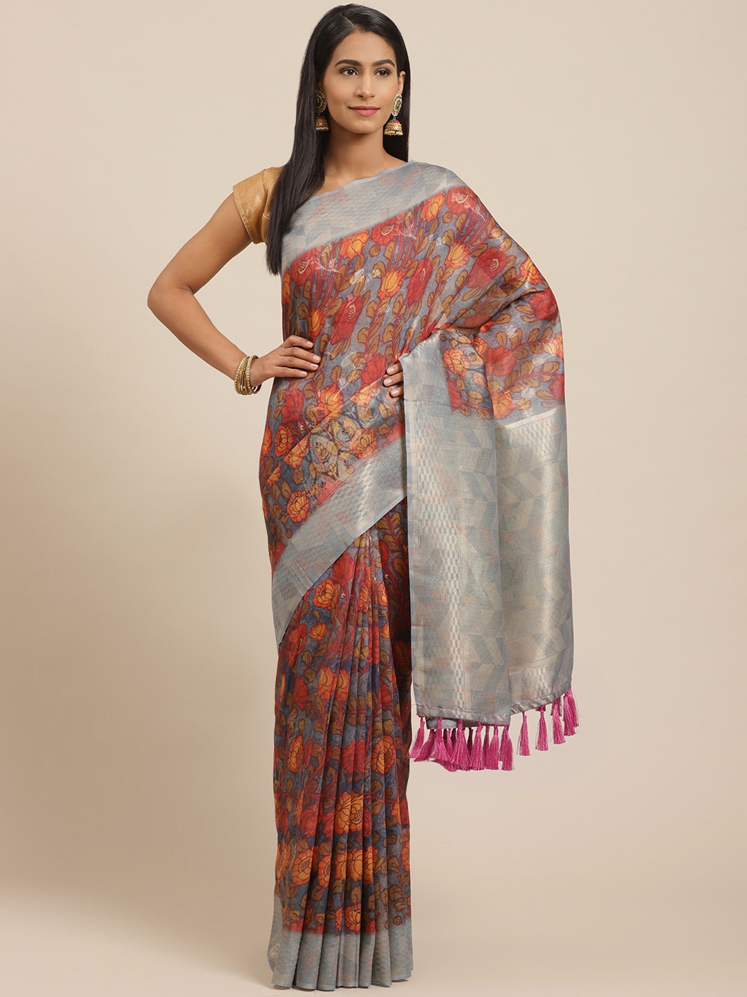 

VASTRANAND Grey & Red Printed Banarasi Saree