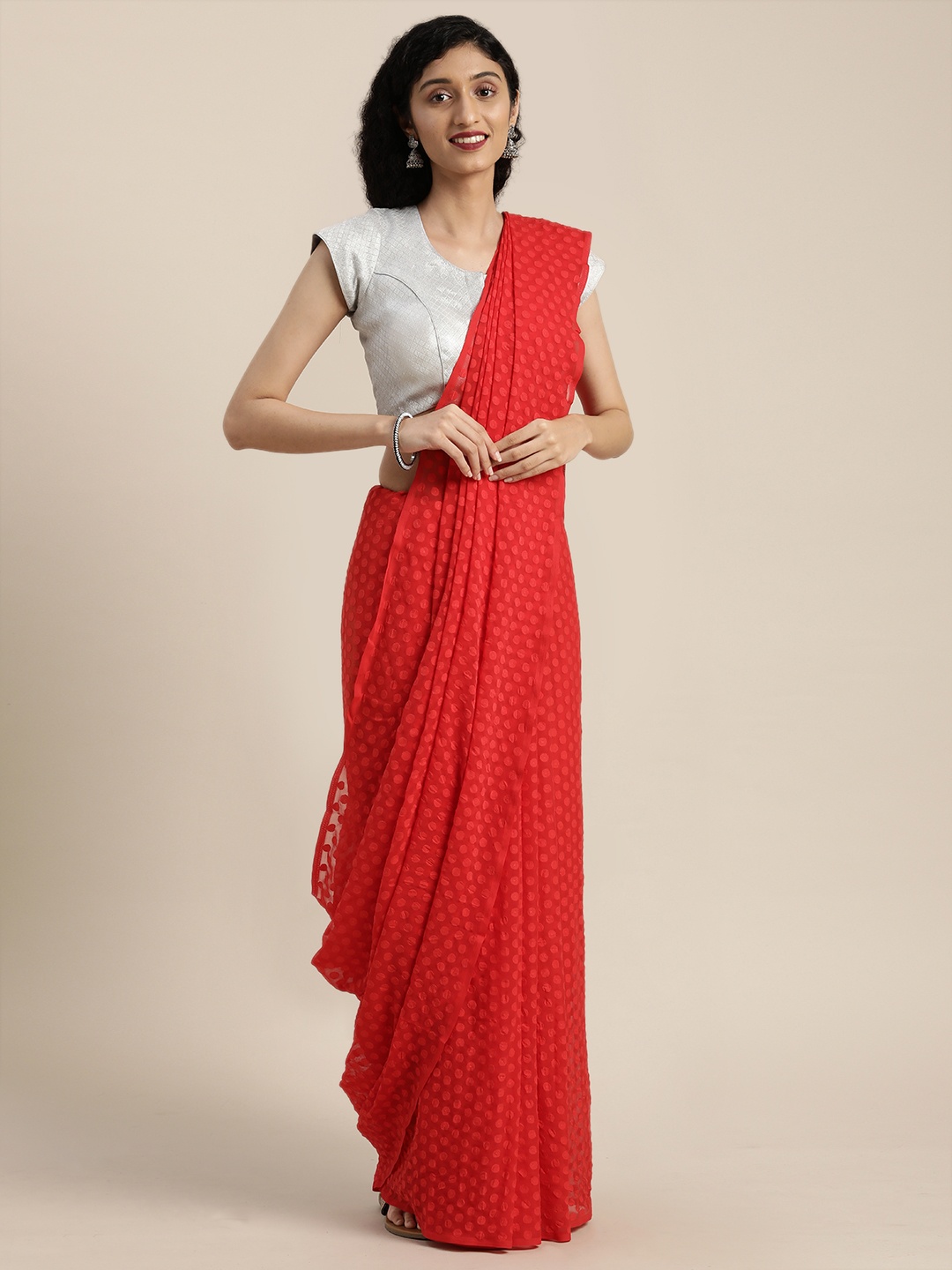 

VASTRANAND Red Woven Design Poly Georgette Saree